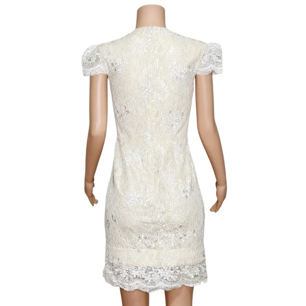 NEW DRESS THE POPULATION Cecilia Illusion Plunge Lace Sequin Dress, White, SM - Image 7