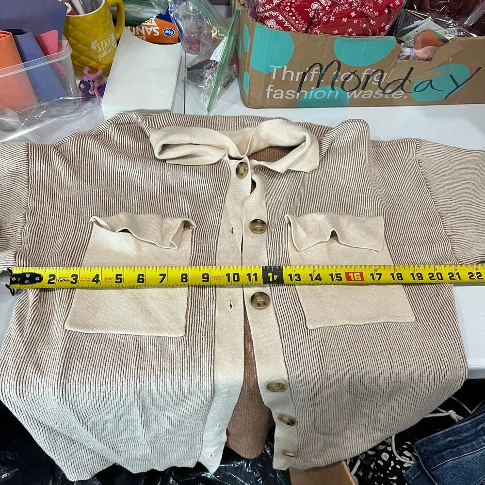 Bohme Brown Cream Ribbed Pockets Cardigan Shacket Coatigan Womens Size M/L Size M - Image 6