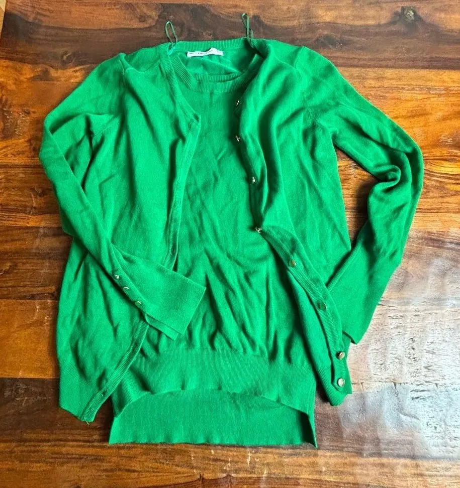 Zara Knit Women's Green Cardigan & Pullover Set Size M Fall Fashion Size M - Image 1