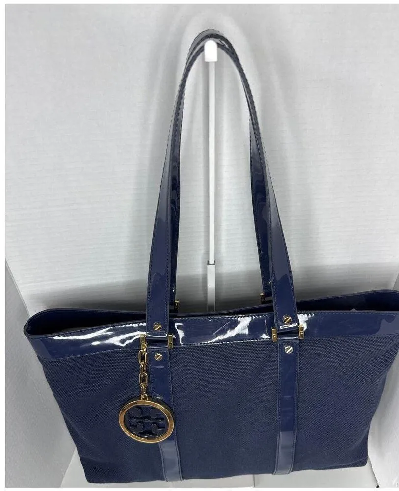 Tory Burch Canvas Jane Tote navy patient leather Shoulder Bag - Image 5