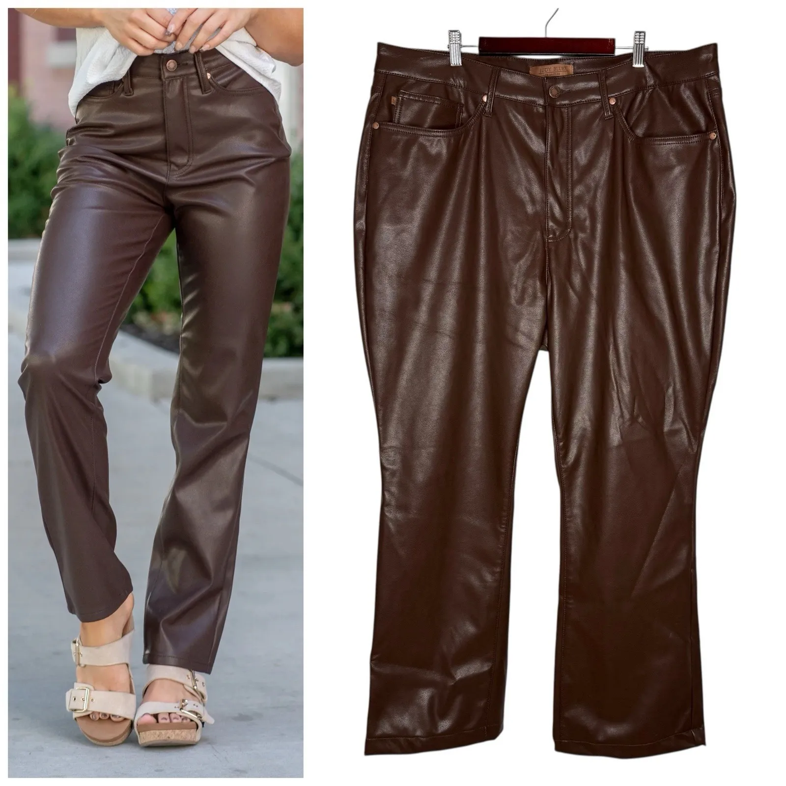 NWOT Judy Blue Faux Leather Tummy Control High Rise Straight 22 W JB88754 Brown - Image 2