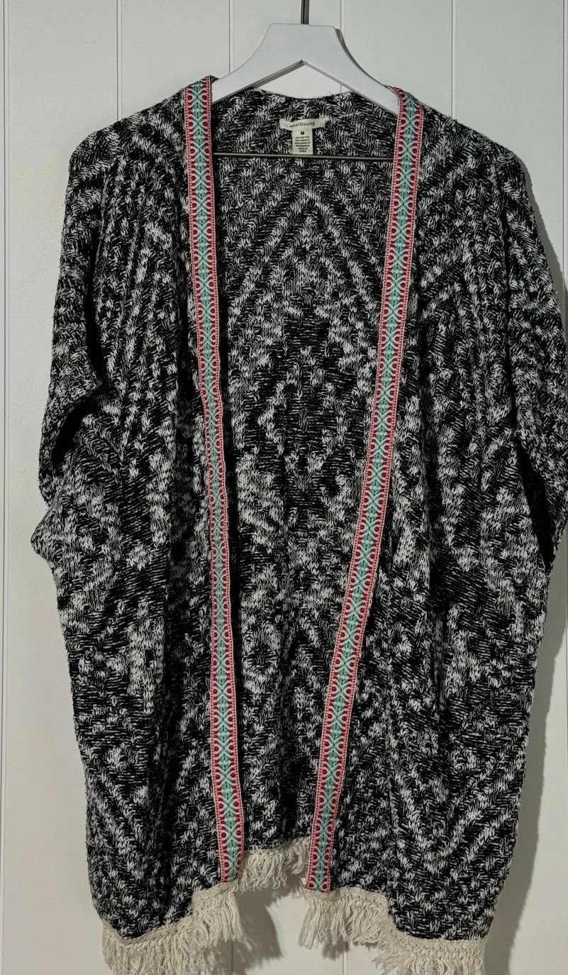 Westbound Open Cardigan Sweater Boho Medium Tribal Print Knit Kimono Fringe - Image 1