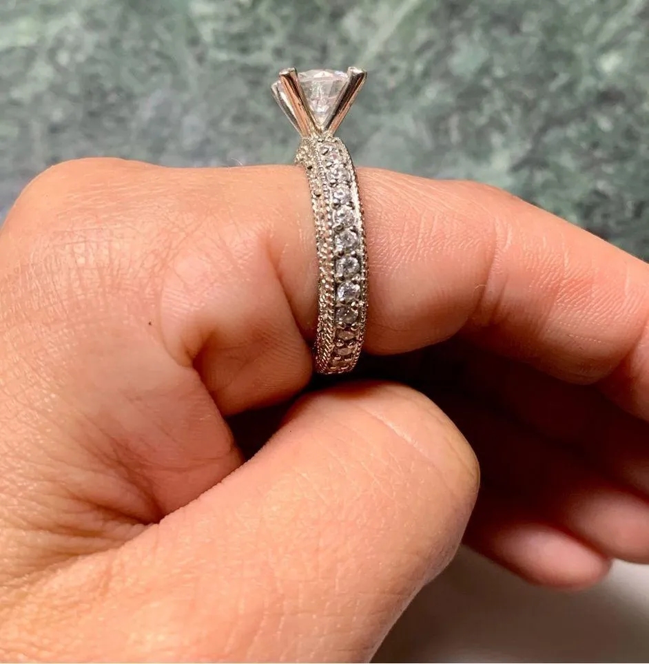 925 Cubic Zirconia Solitaire Engagement Ring Eternity Etched Cutout Band Size 8 Silver - Image 2