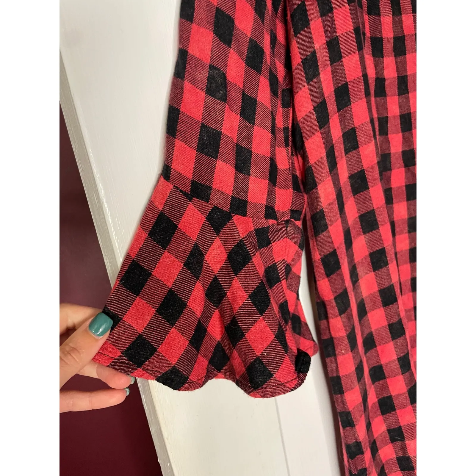 Red Buffalo Plaid Dress Long Sleeve Flared Bell Sleeve Casual cloth‎ & stone L Size L - Image 2