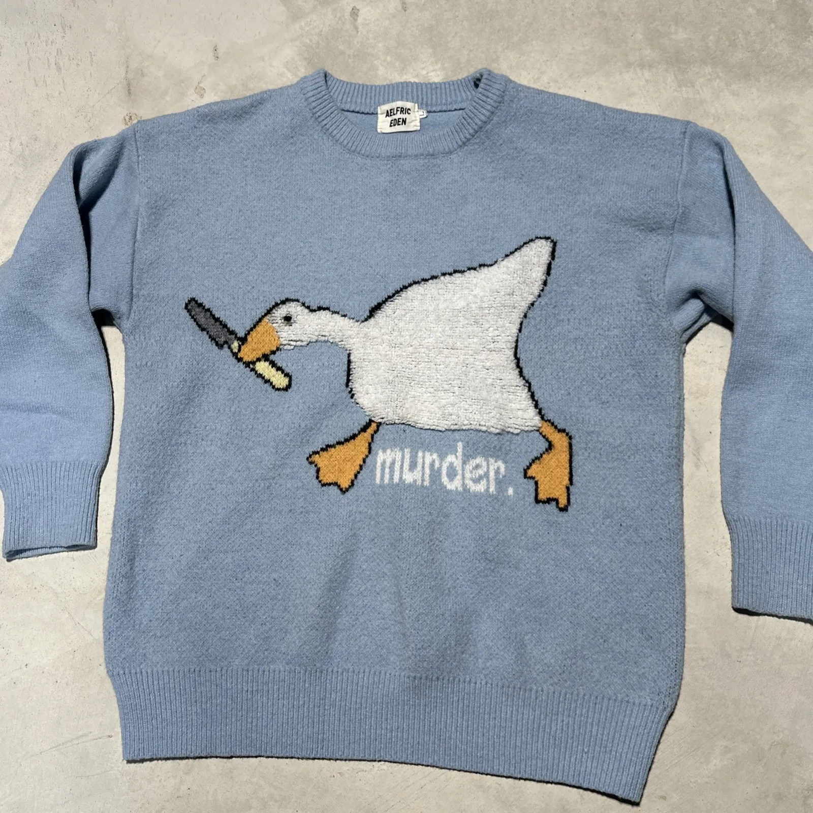 Aelfric Eden Murder Duck Goose Pattern Sweater Unisex SZ Large Blue Crewneck - Image 3