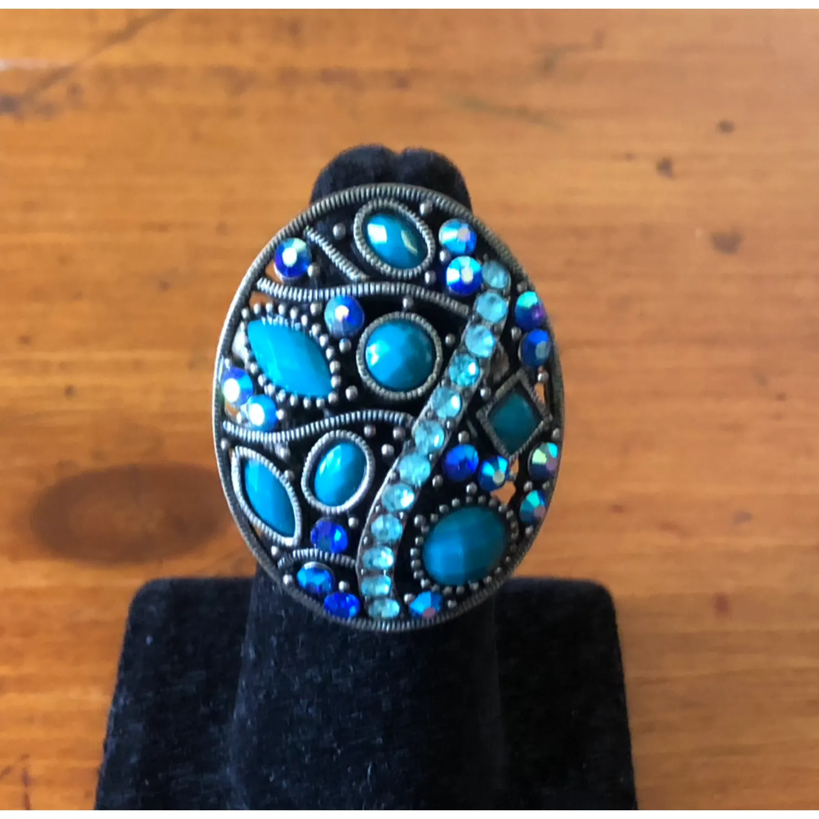 Vintage Boho Oval Statement Ring Turquoise And Blue Rhinestones Stretch Ring - Image 7