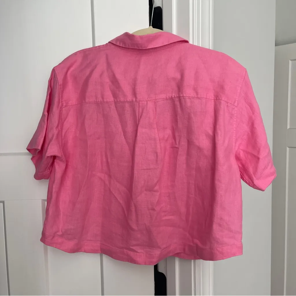 Athleta Raphanus Pink Retreat Linen Short Sleeve Shirt Button up top crop - Image 5