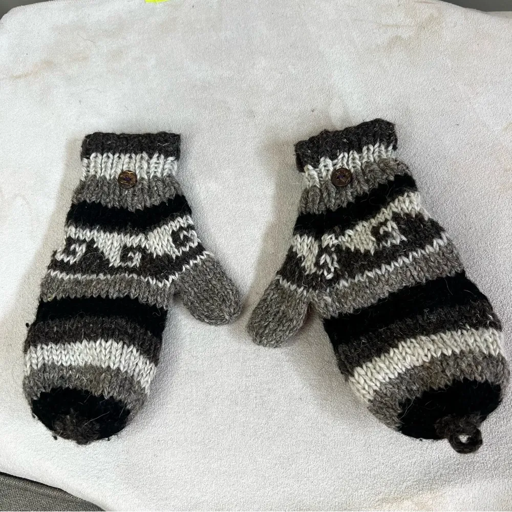 Unisex Half Finger Flip Top button Gloves/Mittens & fleece lined hat black grey - Image 5