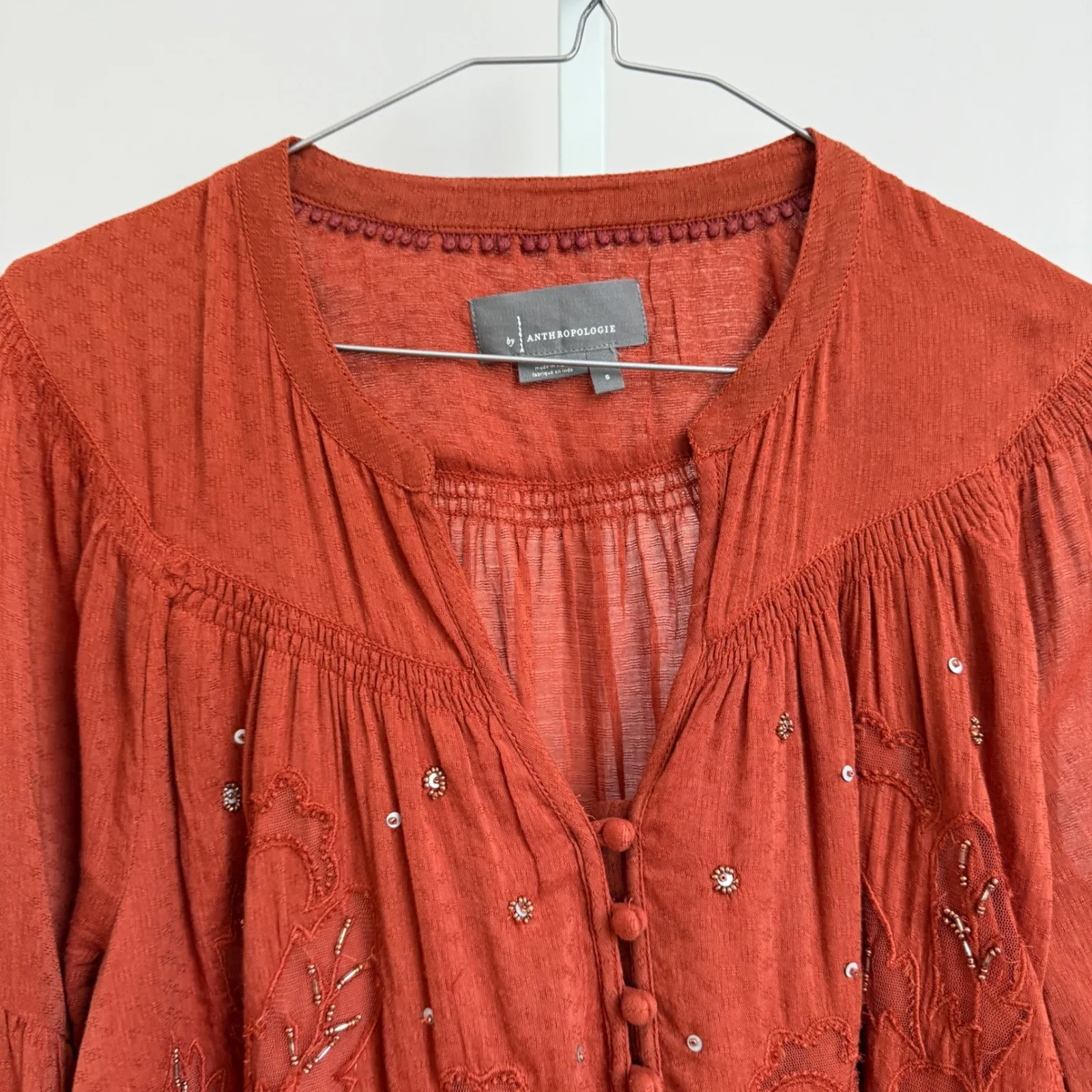 Anthropologie Blouse Top Small Embroidered Sequin Boho Bohemian Button Up‎ Rust - Image 3