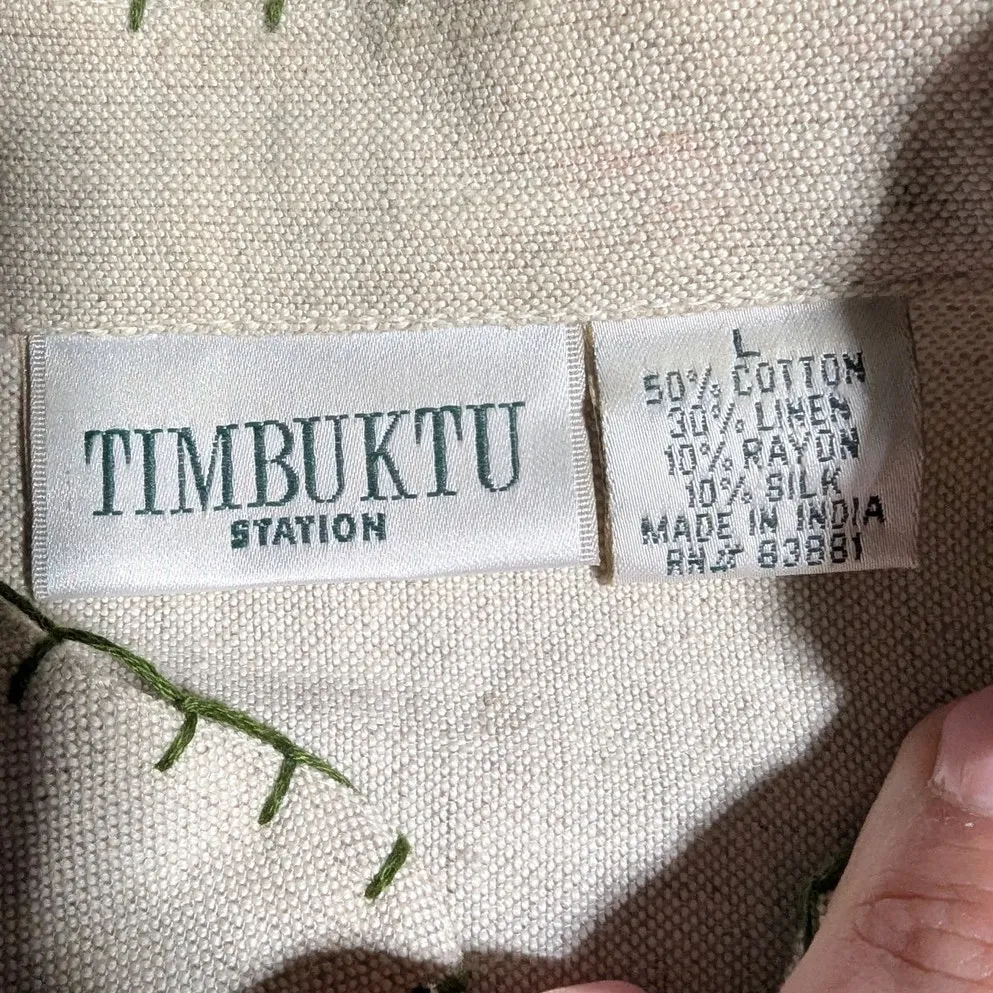 Vtg 1990s Timbuktu Station Ivory Beige Patchwork Button Up Collarless Jacket L Tan Size L - Image 3