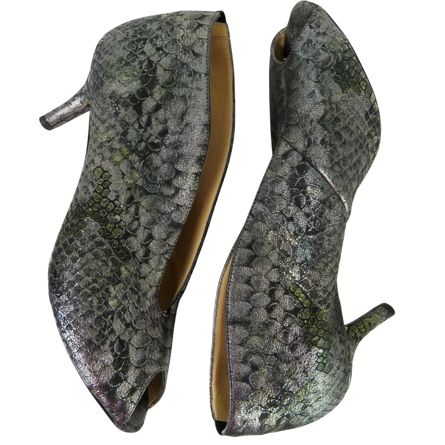 Amalfi by Rangoni Silver Metallic Snake Print Open Toe Heels Pumps Booties 8.5 - Image 2