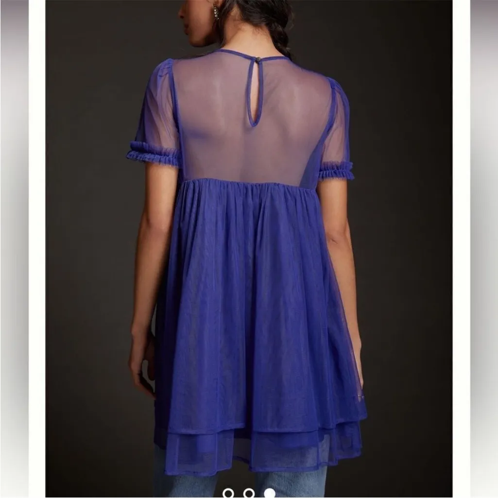 Anthropologie Sheer Tulle Ruffled Mini Babydoll Tunic Dress in Blue Size US 4 - Image 2