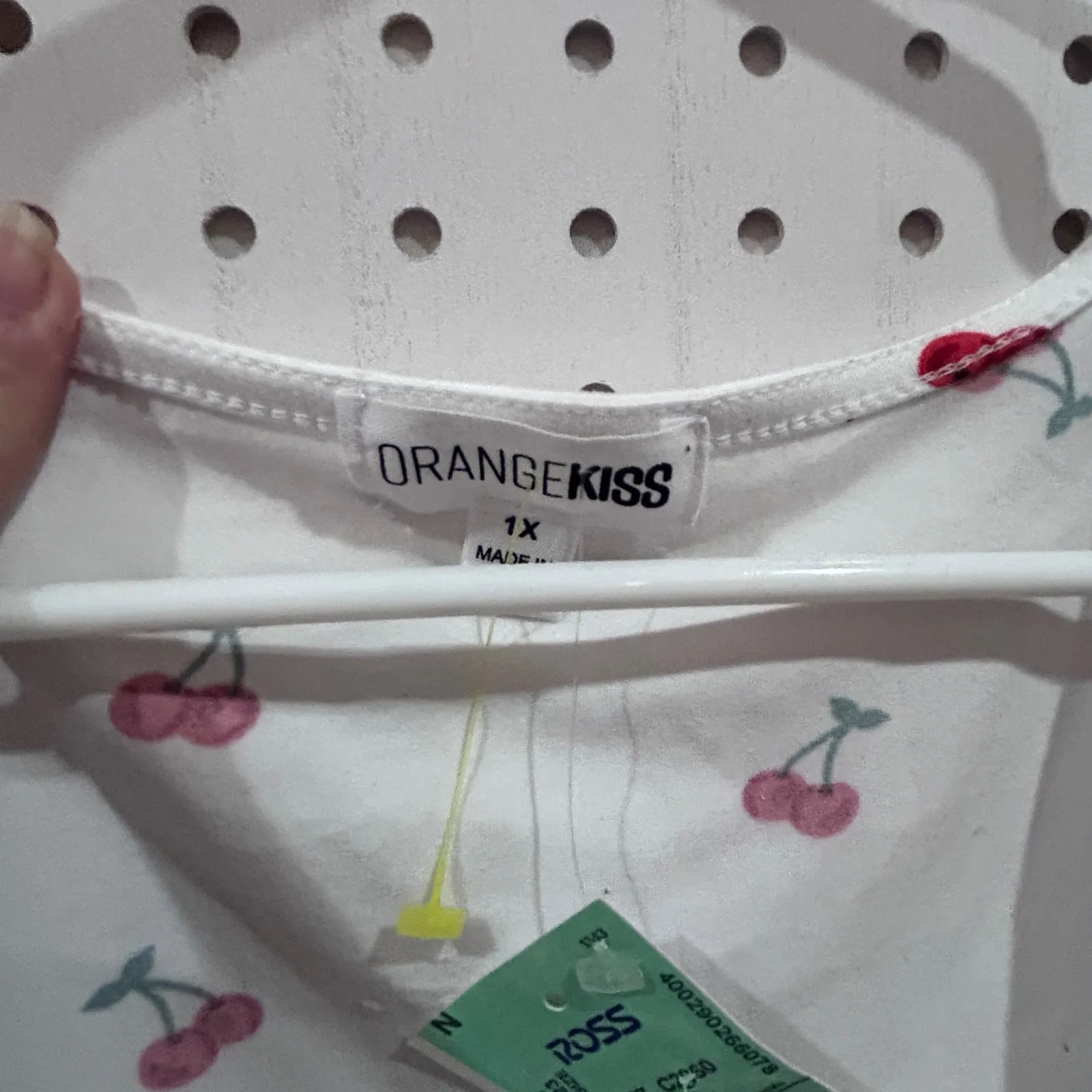 Orange Kiss White Cherry Print Square Neck Ruched Side T-Shirt Top Plus Size 1X - Image 2