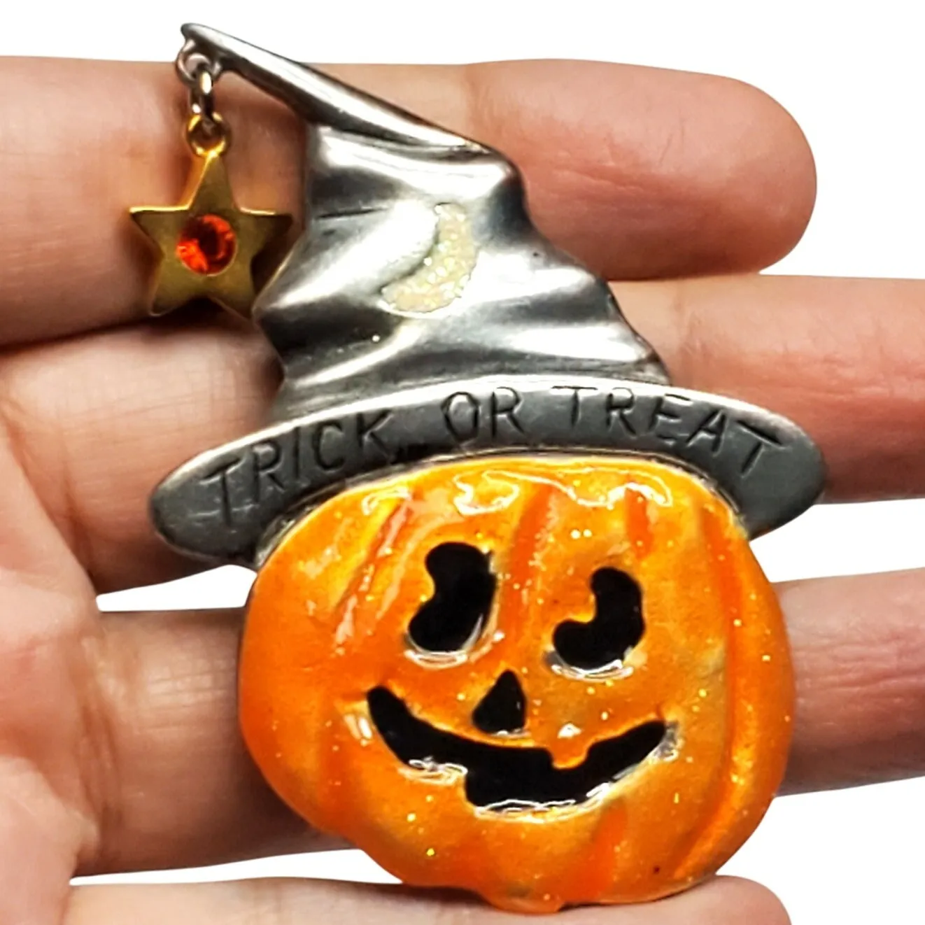 Trick or Treat Jack o Lantern Witch Hat Brooch Enamel Halloween AJMC 2" Vtg Orange - Image 2