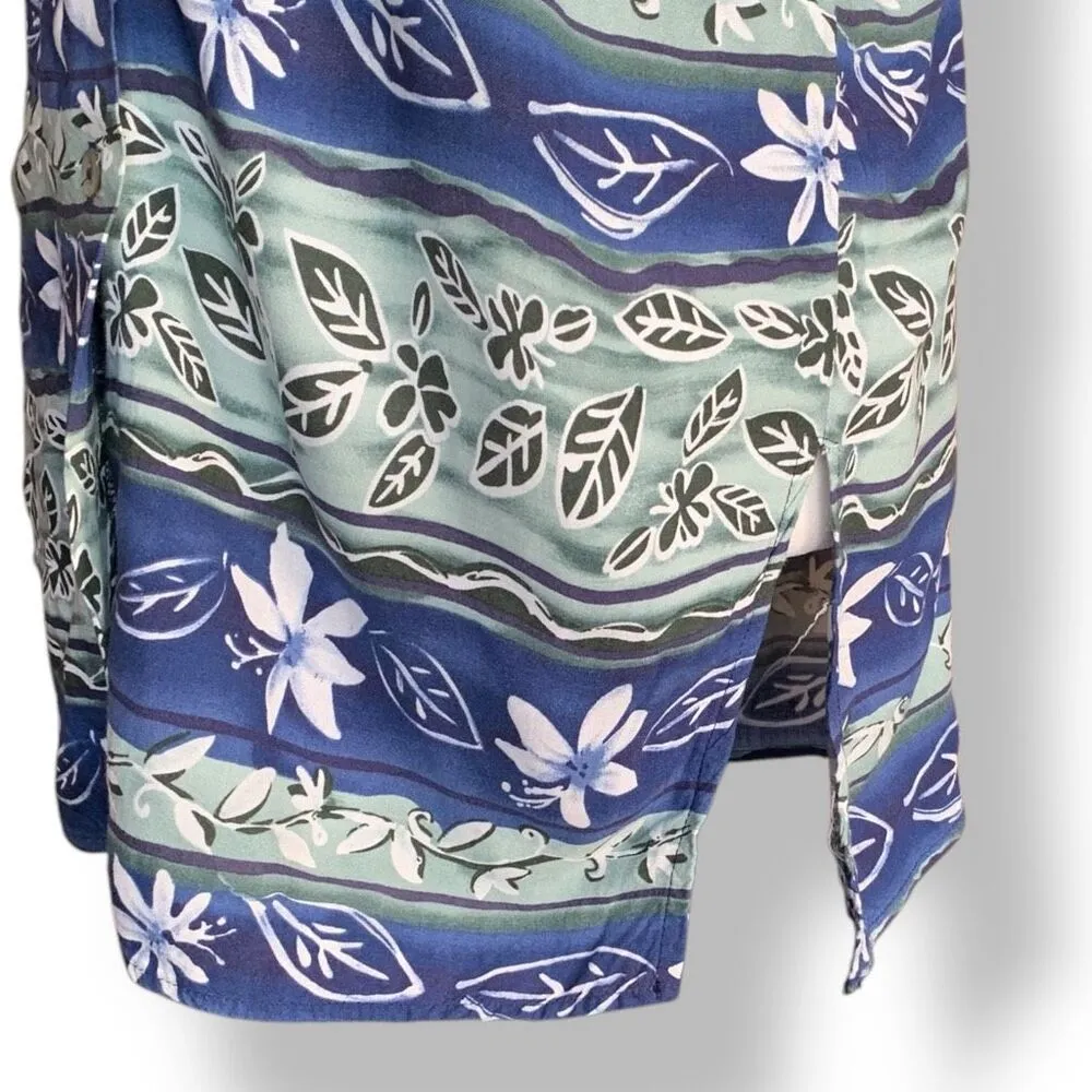 Vintage 90s Top Blue Green Floral Leaf Print Button Up Short Sleeve Shirt Small - Image 4