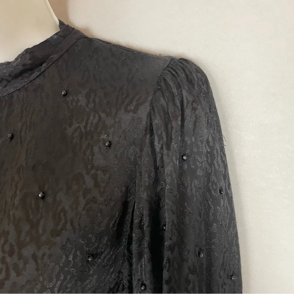 Topshop Blouse Cut-Out Black Leopard Print Beaded Peplum Long Sleeves Size 8 Top - Image 12