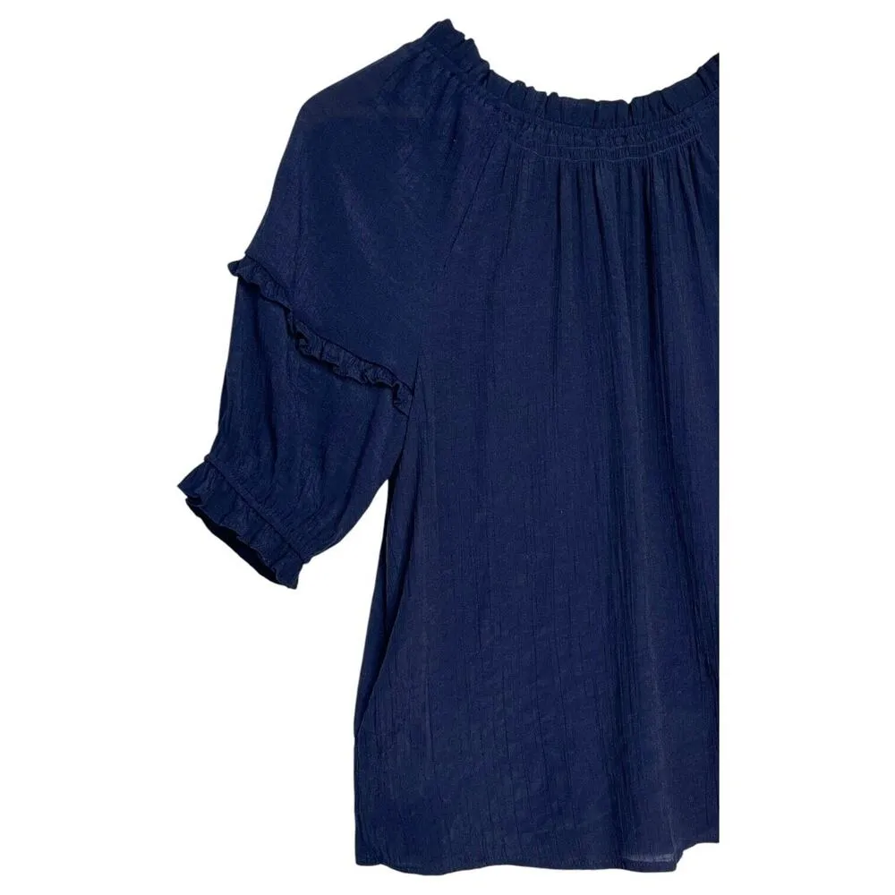 Nanette Lapore Top Womens S Sheer Half Sleeve Ruffle Round Neck Designer Blue - Image 2