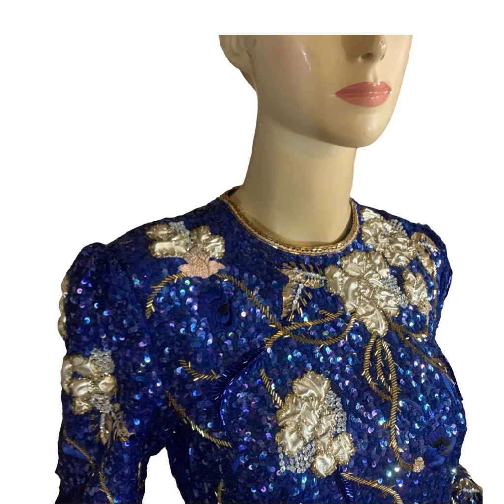 RICHILENE VINTAGE 1980'S BLUE, CREAM & GOLD SEQUIN & SATIN GOWN (S) Blue - Image 7