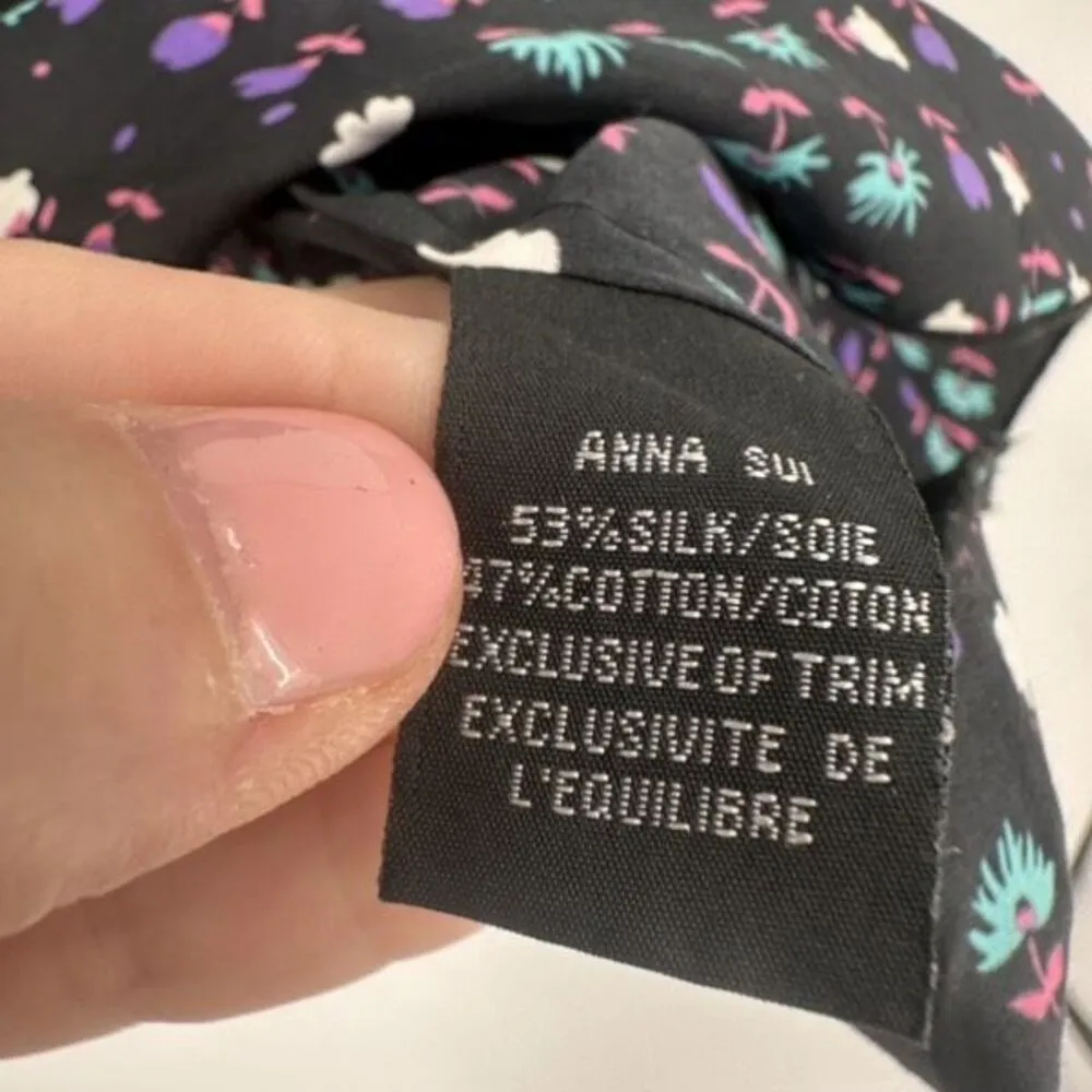 Anthropologie x Anna Sui Silk Blend Floral Dress Stripe Trim Sz 8 Black Colorful - Image 6