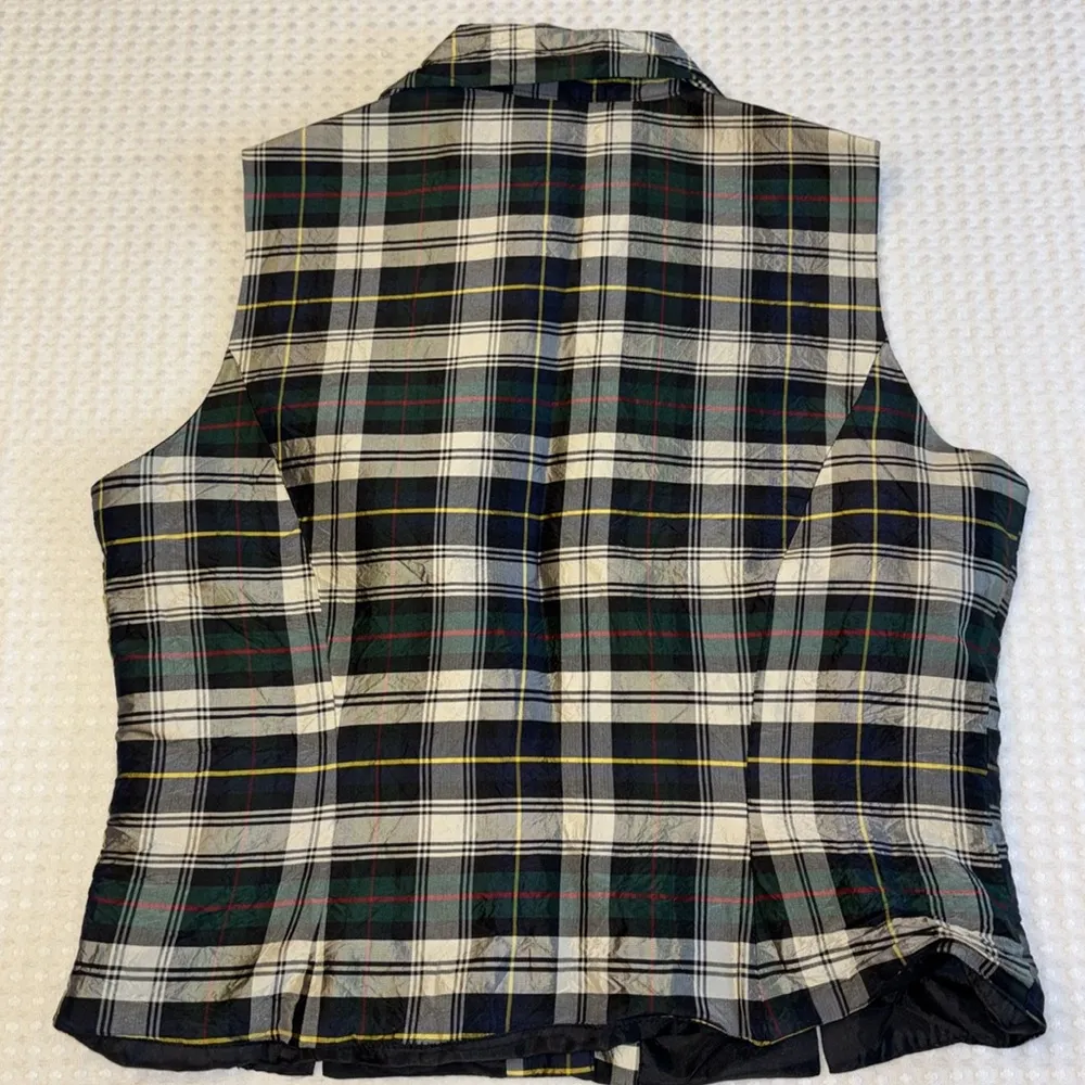 HALSTON BLOUSES Size MEDIUM Silk Plaid Vest Sleeveless Blouse Green Blue White - Image 12