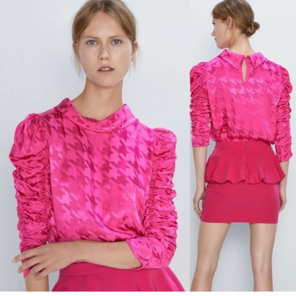 Zara Hot Pink Satin Houndstooth Ruched Sleeve Top - Image 2