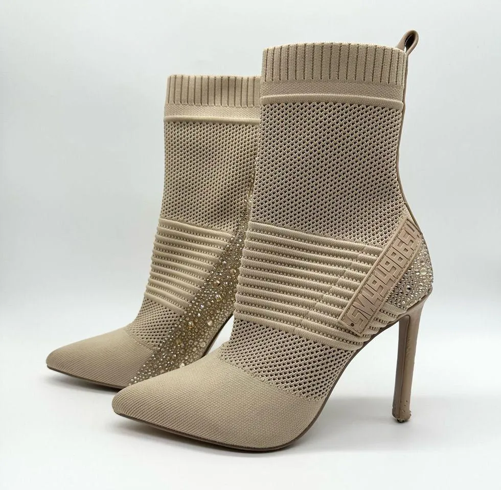 Steve Madden Women's Rhinestone Maxwelle Sock Ankle Boot 6.5 Cream Pointed Toe - Image 2