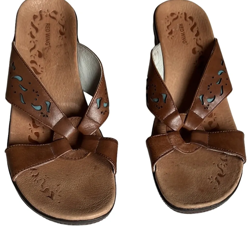 Red Wing Wedge Brown Leather Cut Out Detail Sandals Size 7.5 Tan - Image 3