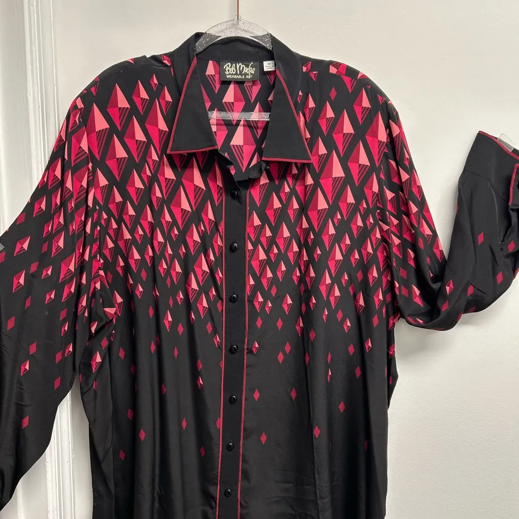 Bob Mackie Wearable Art Black Shirt with Fuchsia Geometric Diamond Pattern - Image 1