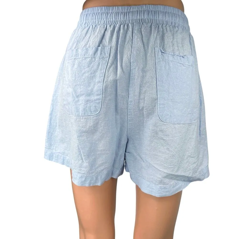 Saks Fifth Avenue Blue Linen High Waist Elastic Waist Pockets Sweat Shorts Sz M - Image 3