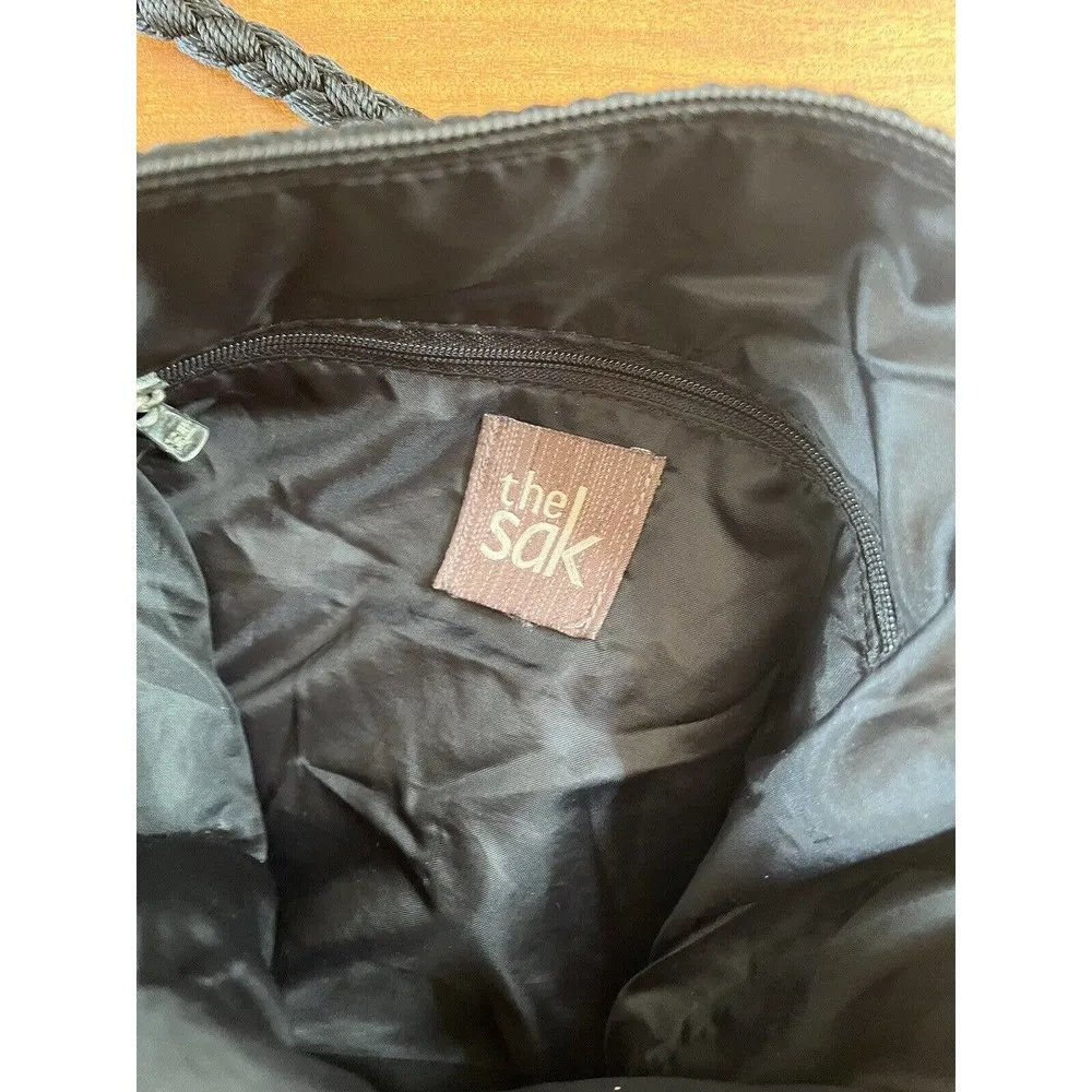 The Sak Black Crochet Knit Bohemian Shoulder Bag Zipper Closure Medium Size - Image 7