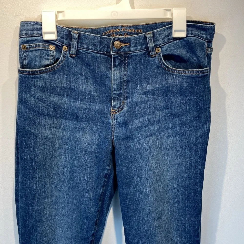 Lauren Ralph Lauren High Rise Flare Jeans Dark Wash Size 10 Whiskering Mid Rise - Image 4