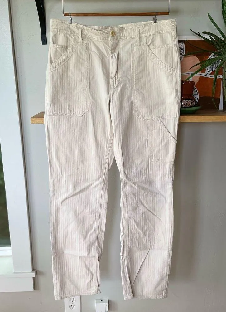 Anthropologie Ivory Cream Shadow Stripe Utility Carpenter Pants Size 30 - Image 3
