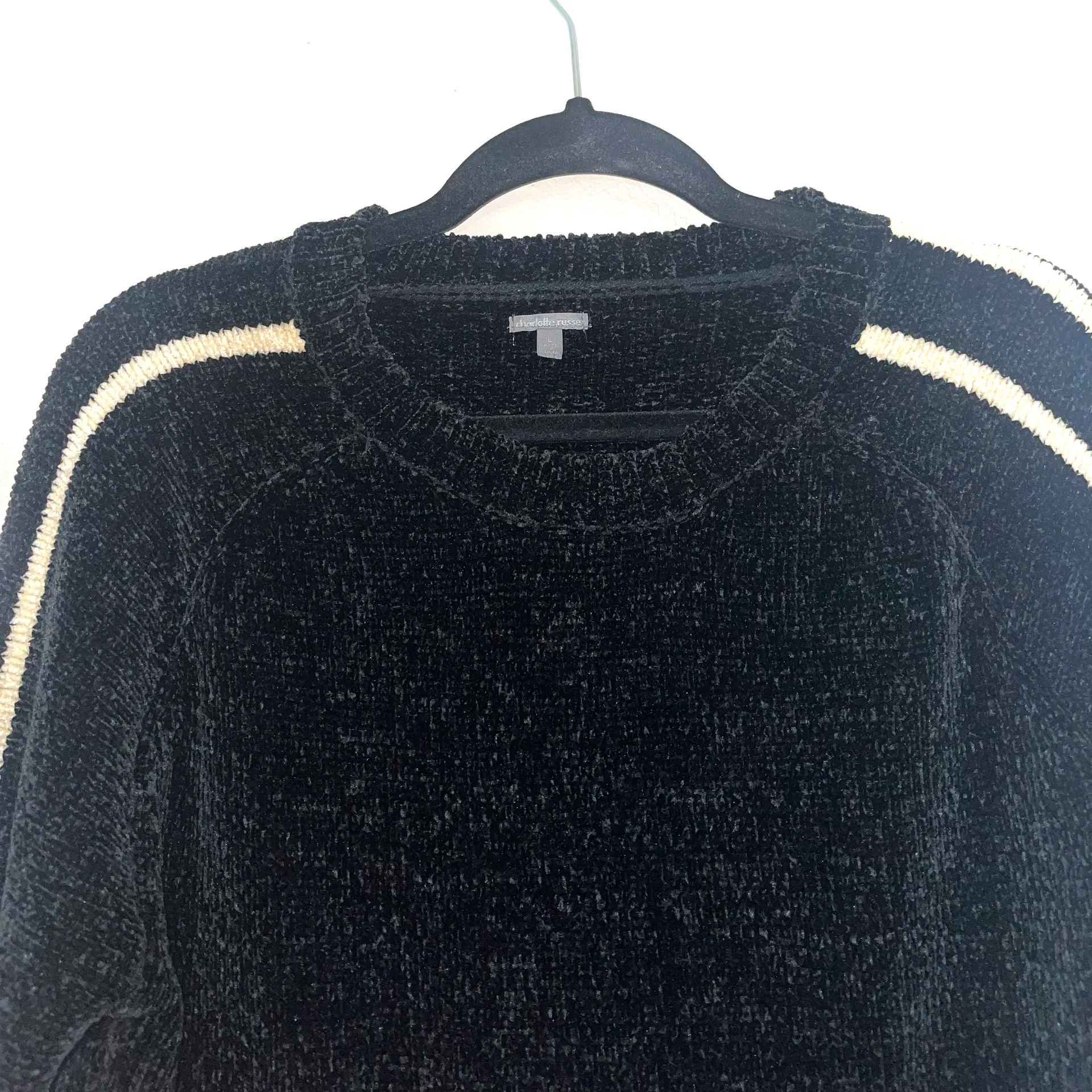 Black Striped Sleeve Chenille Knit Sweater - Image 3