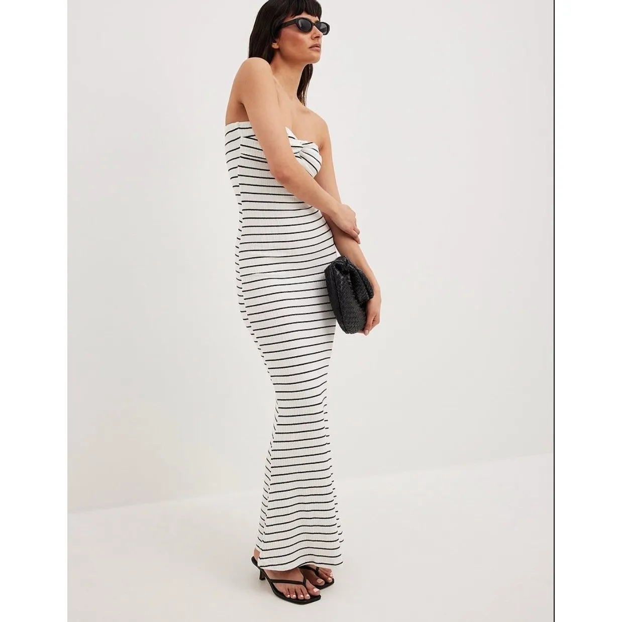 NA-KD Front Twist Maxi Tube Dress Small White Black Stripe Summer Minimalist‎ - Image 2