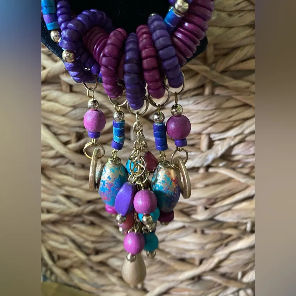 Vintage Multicolor Beaded Necklace with Gold Accents Purple - Image 5