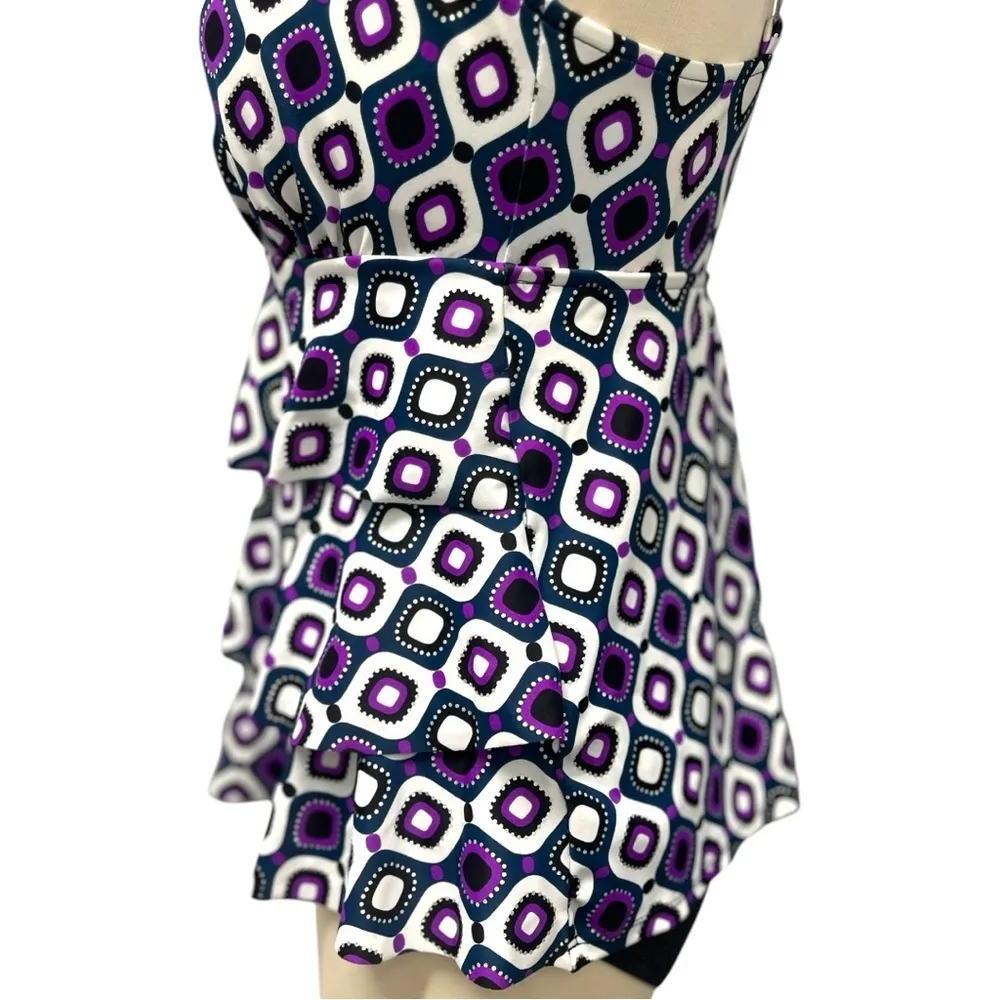 Swim Solutions Women’s One Piece Bathing Suit Purple Black Tiered Size 10 NWT - Image 3