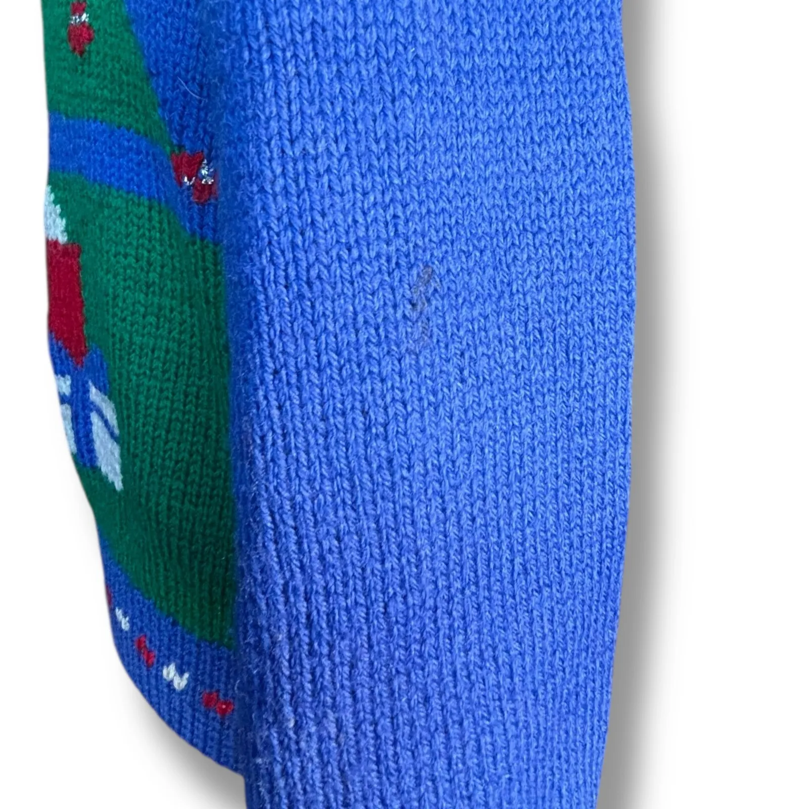 Vintage 90s Allen Solly Wool Christmas Sweater Tree Gifts Santa Hat Blue Large - Image 6