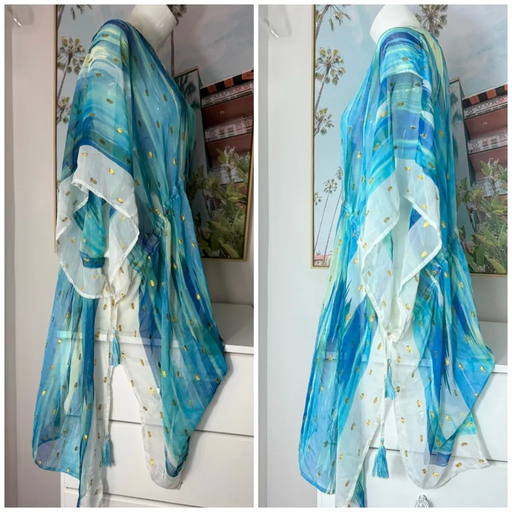 Vince Camuto Blue Ombre Metallic Chiffon Sheer Cover Up V-Neck Dress One Size - Image 3