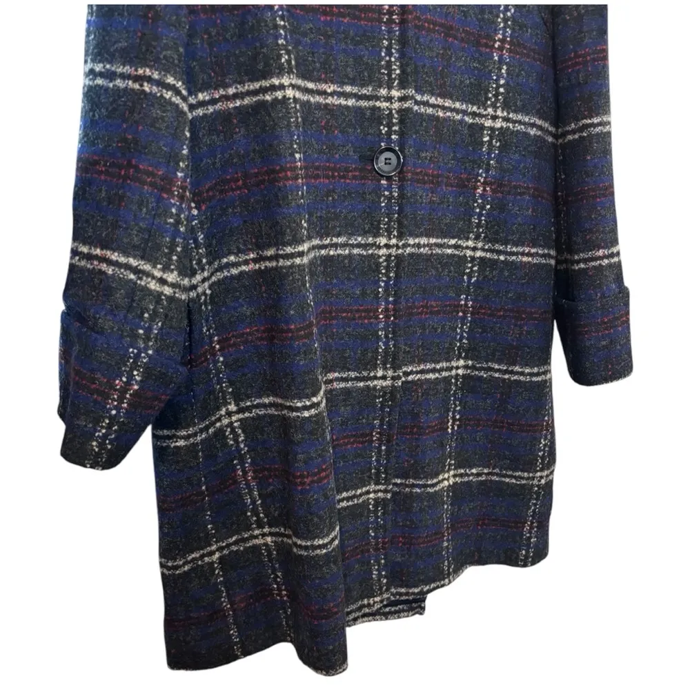 Women’s Sam Edelman charcoal plaid bouclé wool blend faux fur trim coat size 14 - Image 5