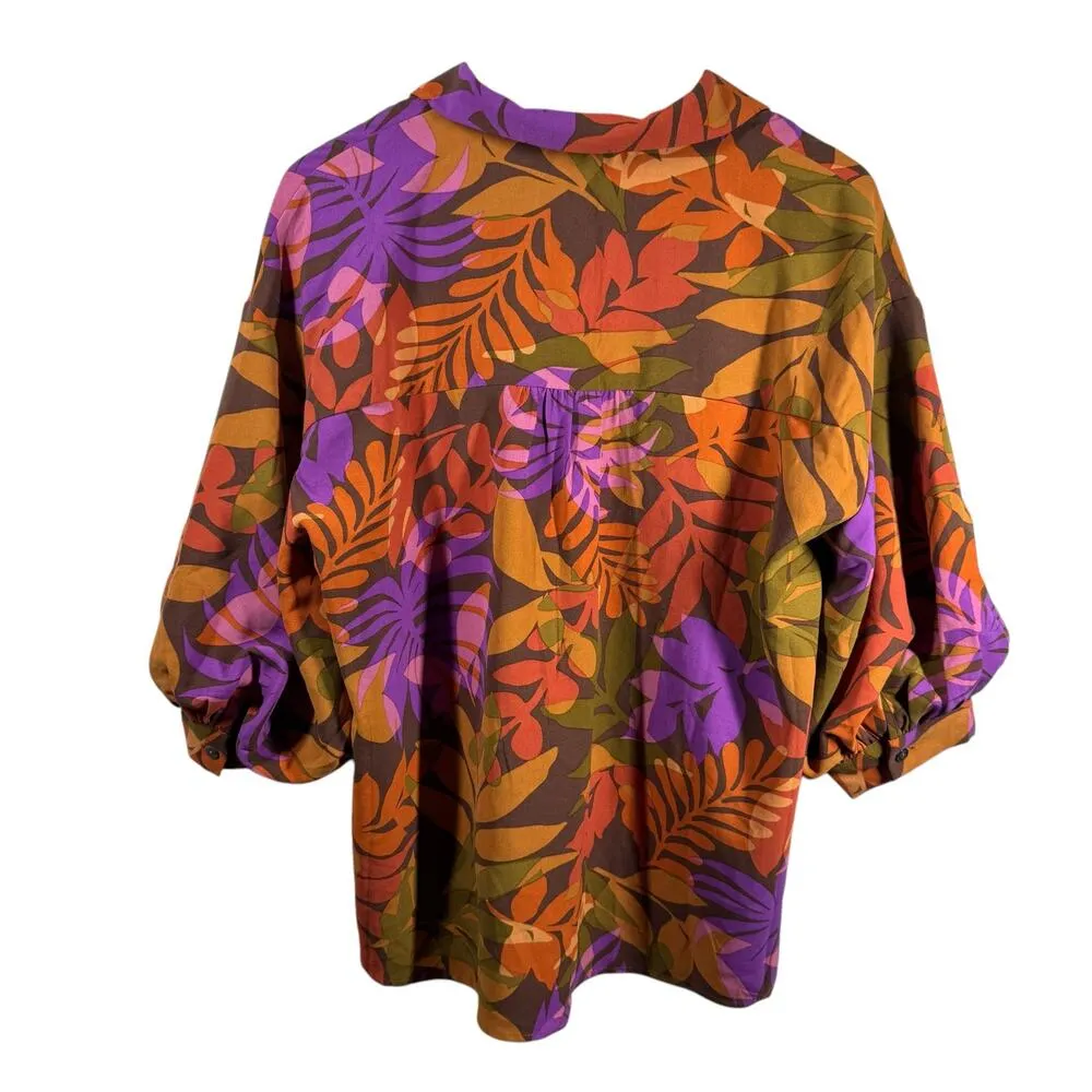 Oddy Top Women S NWT Orange Purple Floral Puff 3/4 Sleeve Button Up Spring Palm - Image 2