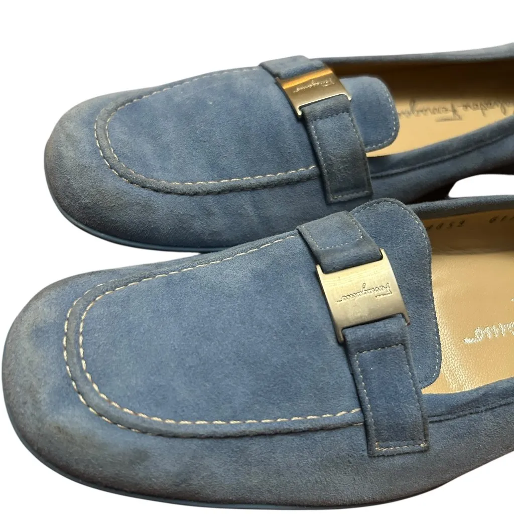 Ferragamo Blue Suede Quiet Luxury Minimal Chic SlipOn Comfort Old Money Luxe 7.5 - Image 3