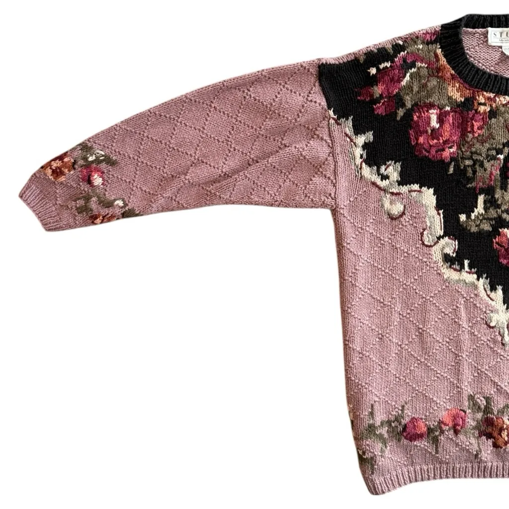Vintage 80s 90s Studio x Michelle Stuart Roses Knit Sweater Size Small Pink - Image 4