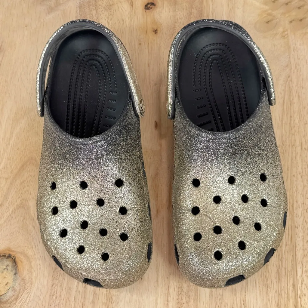 Crocs Classic Ombre Glitter Slip On Clog Sandals Black Gold Women 9 Men 7 - Image 4