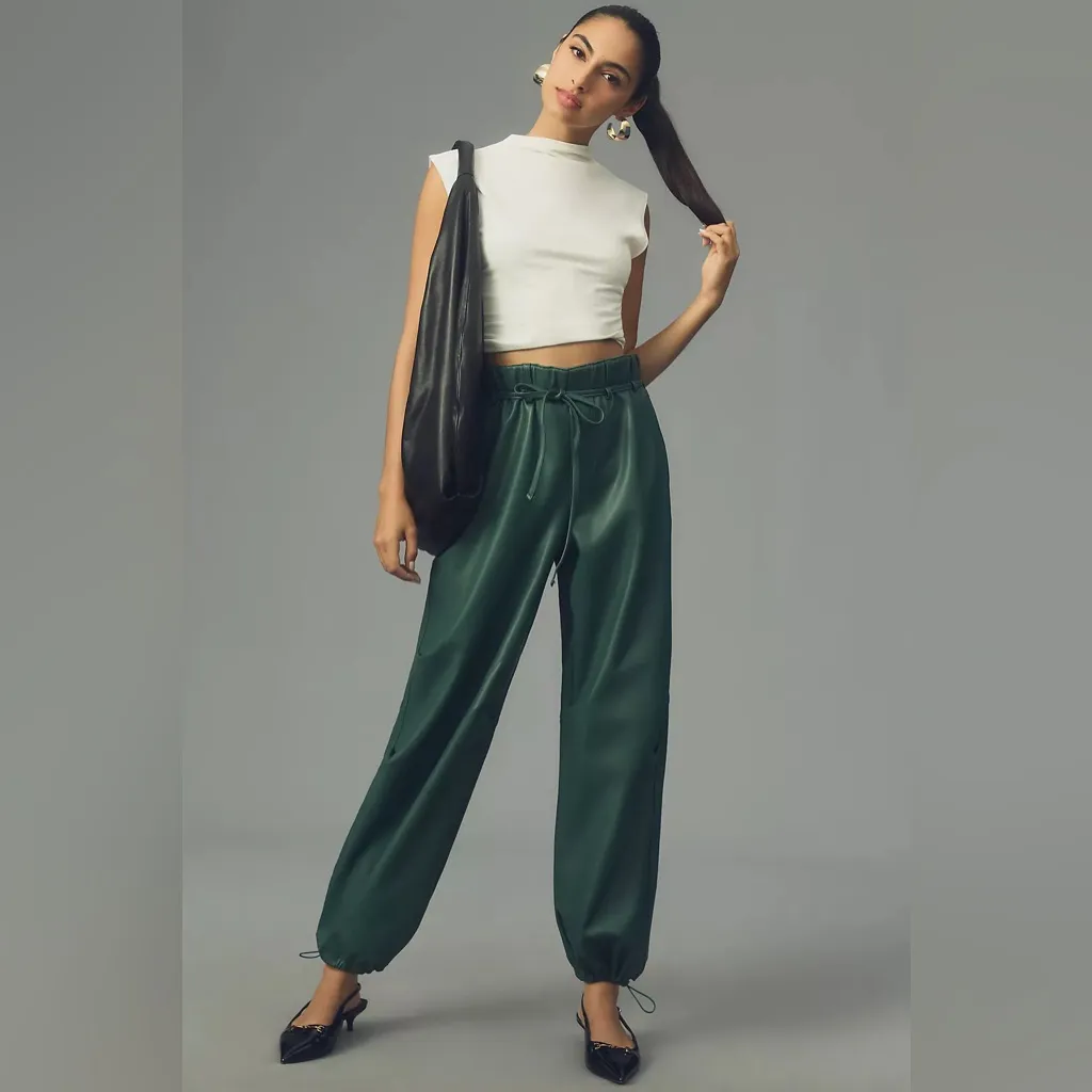 Pilcro Anthropology Faux Leather Parachute Barrel Pants Sz Small Green - Image 2