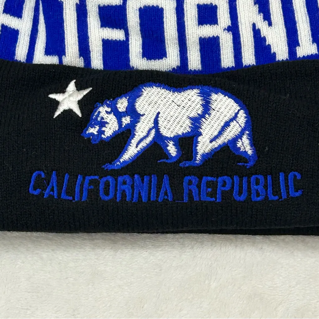 California Republic Bear Black Blue Pom Pom Cuffed Winter Acrylic Beanie Hat Cap - Image 2