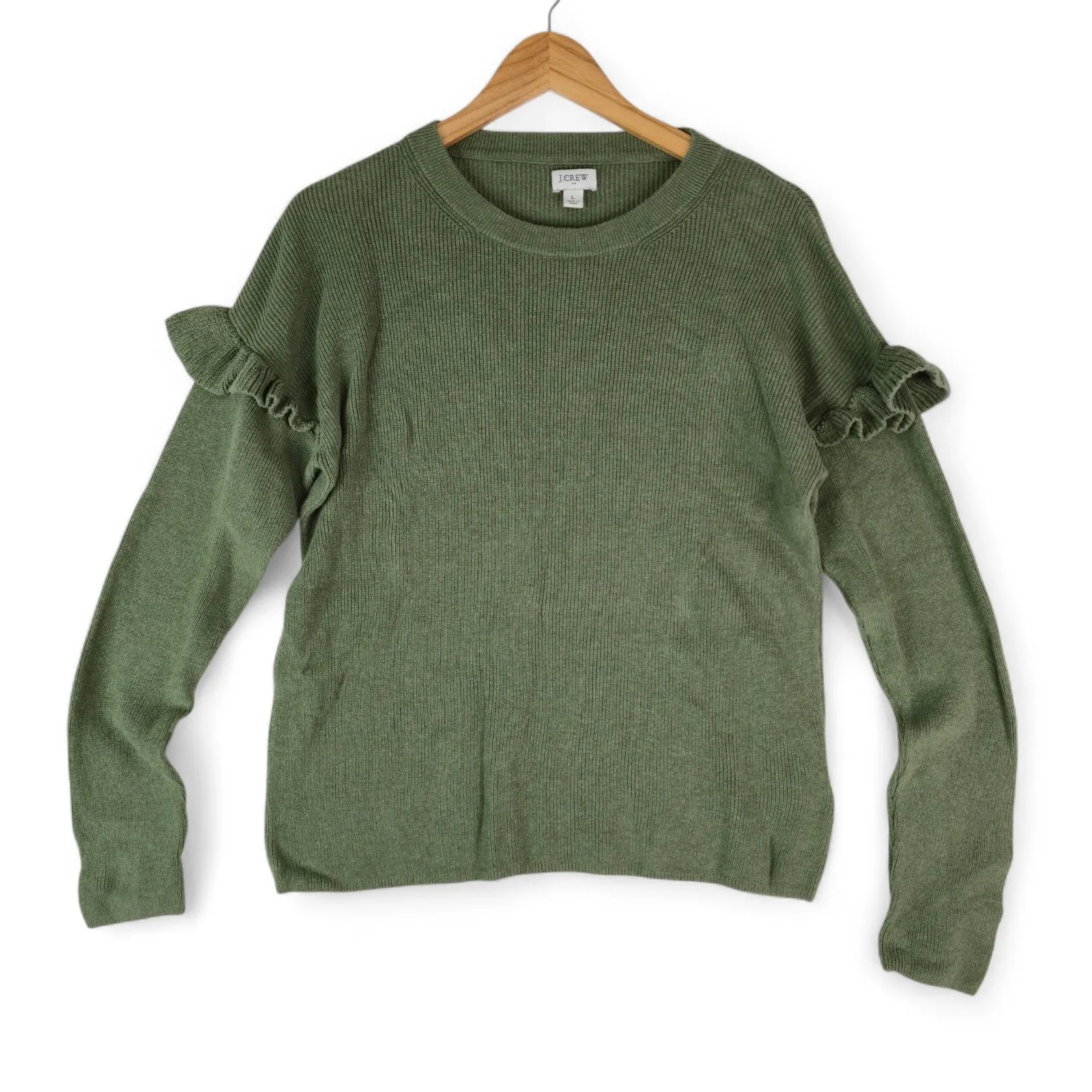 J.Crew Sweater Womens L Green Ruffle Sleeve Cotton Ribbed Knit Classic Fit Size L - Image 2