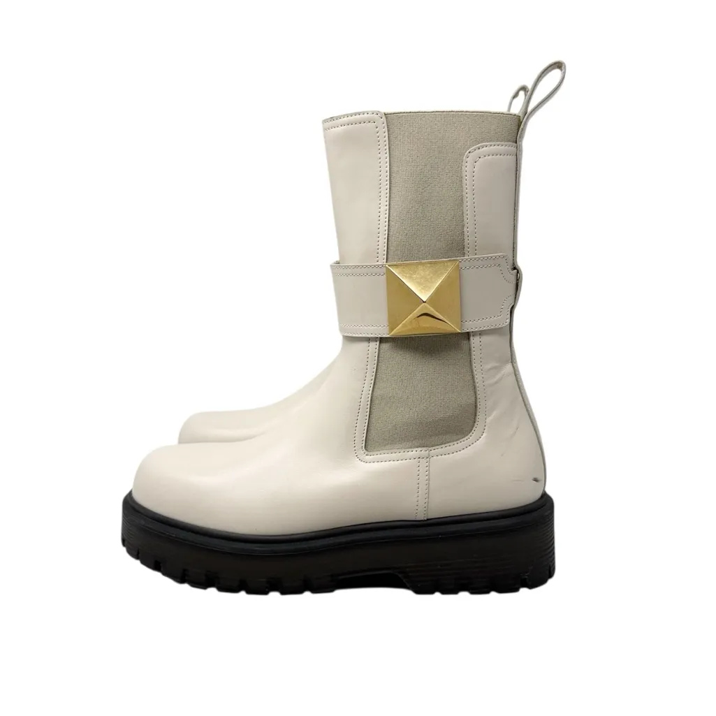 Valentino Garavani Beatle One Stud Cream Belted Leather Chelsea Boots Size 37.5 - Image 1