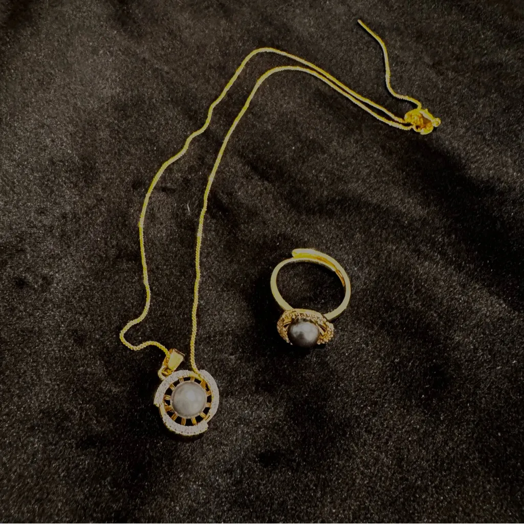 Lustrous Gold and gray real Pearl Necklace and ring set - Image 2