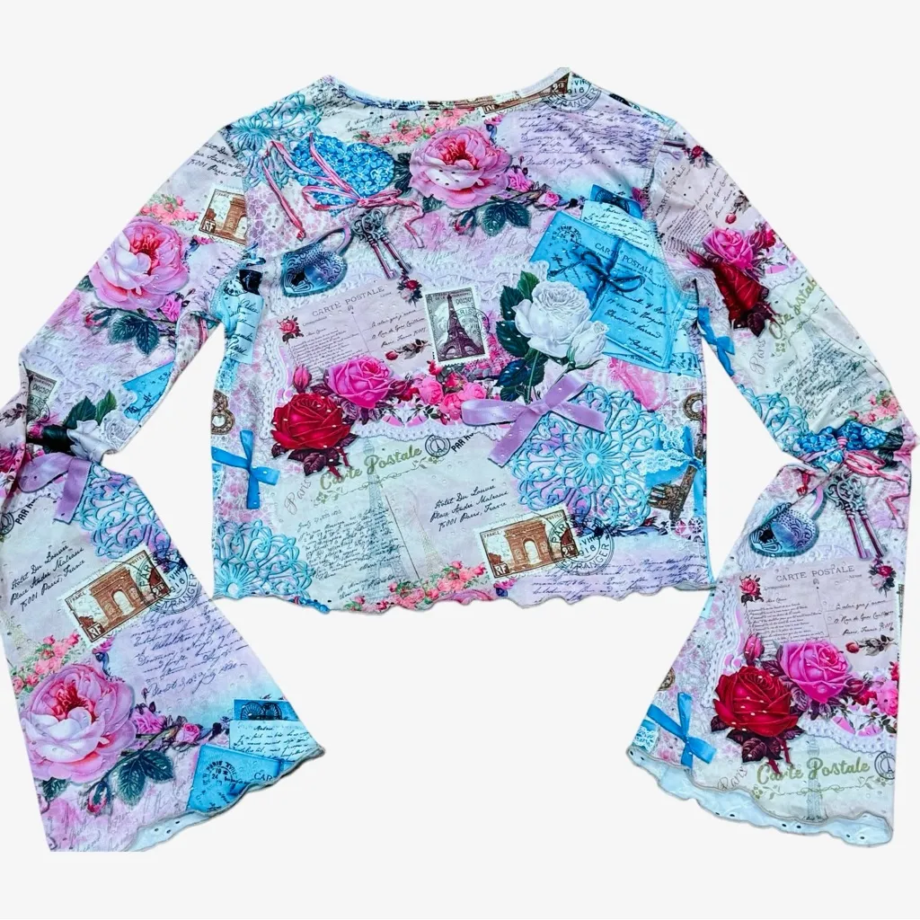 dELIA*s Dolls Kill Perfect Crop Top Nell Sleeve Pointelle Art Print Shirt Medium Pink - Image 3