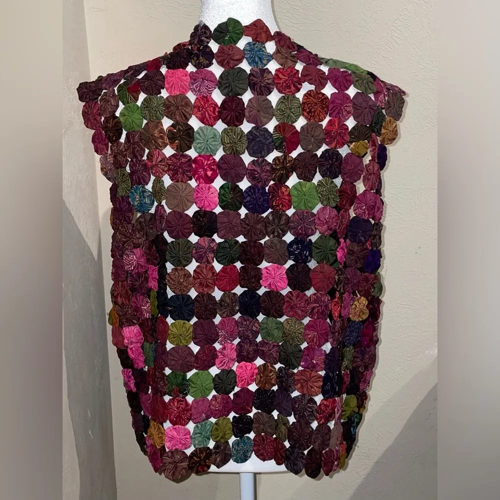 Women’s Vintage Silk Rosette Yoyo Vest Handmade Boho Cottage Craft Yo - Image 2